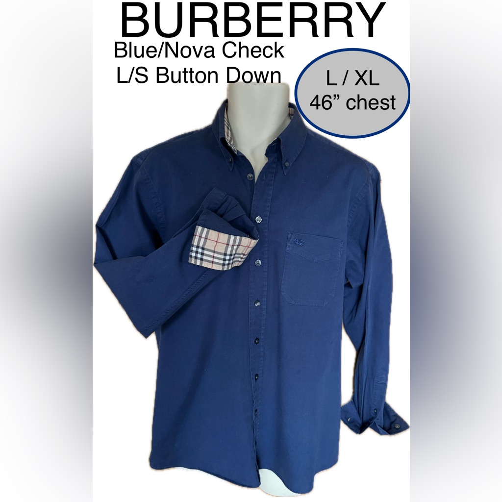 Mens Burberry Blue/Novacheck Button Down,Cotton, Logo Chest Pocket 23”P-P, L/Xl